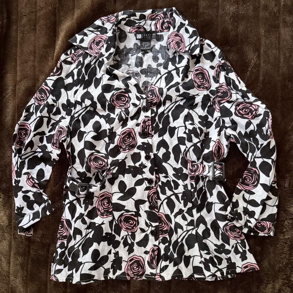 Carole Little Linen Shirt Women S Pink Black Rose Floral Buckle Waist Blouse